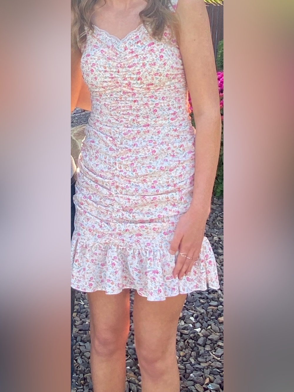 Pink Floral Ruching Bodycon Dress